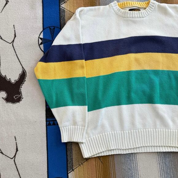 Vintage 90s Eddie Bauer Pullover Knit Sweater Size Large Striped Cotton Cottage - Picture 5 of 8